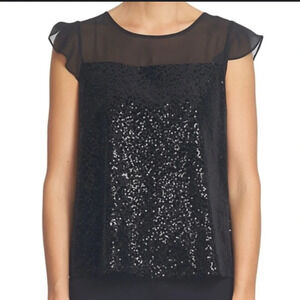 CeCe by Cynthia Steffe Black Sequin Flutter Festive Party Top Blouse Sz Small